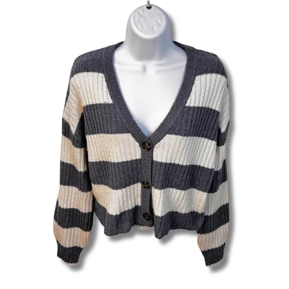 Blue Rain Striped Cropped Cardigan Sz Small Blue and Cream Stripes Button Front